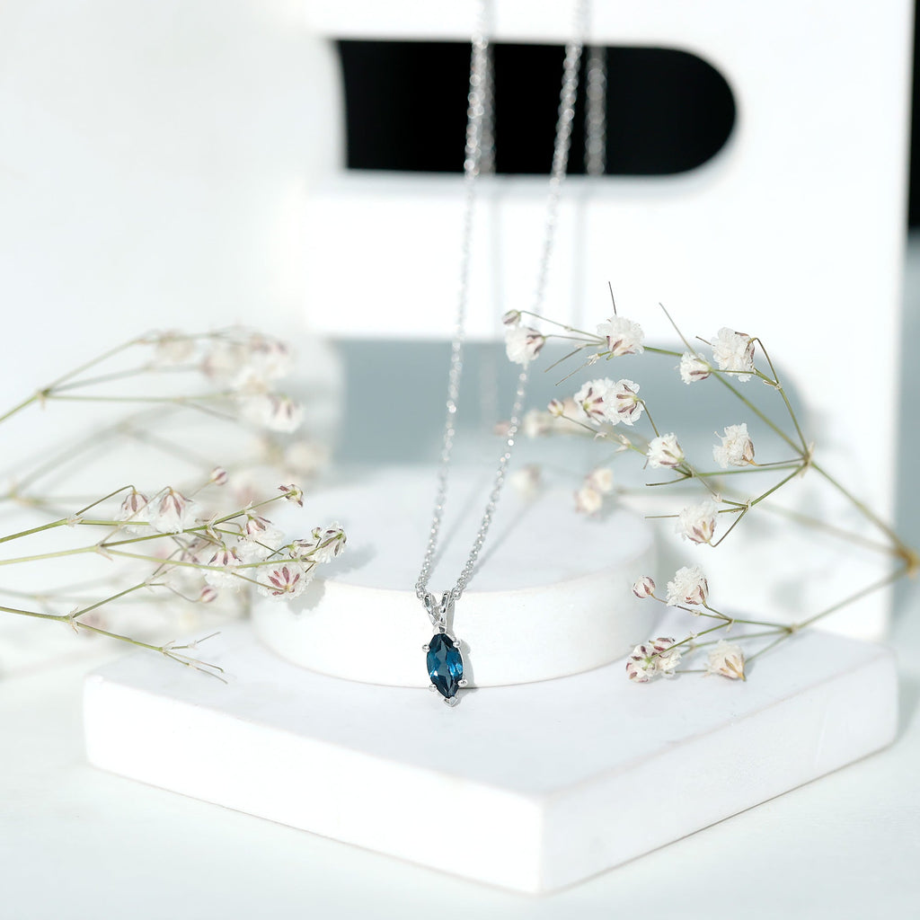 Real London Blue Topaz Marquise Necklace With Silver Chain