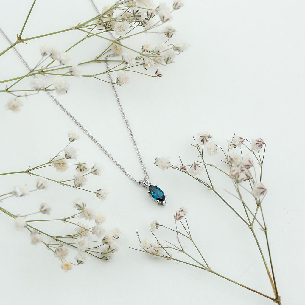 Real London Blue Topaz Marquise Necklace With Silver Chain