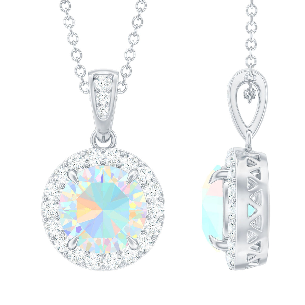 2CT Ethiopian Opal and Moissanite Halo Necklace with Silver Chain