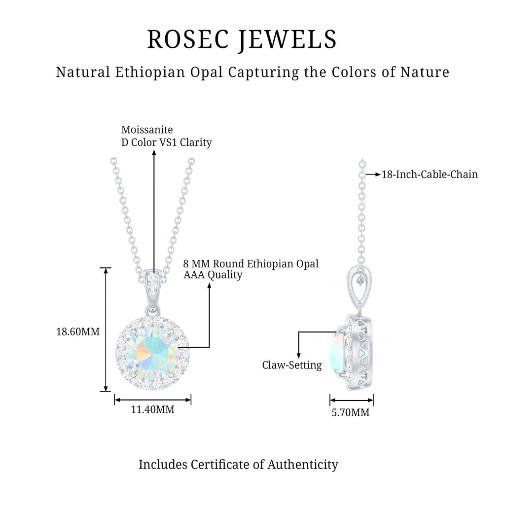 2CT Ethiopian Opal and Moissanite Halo Necklace with Silver Chain