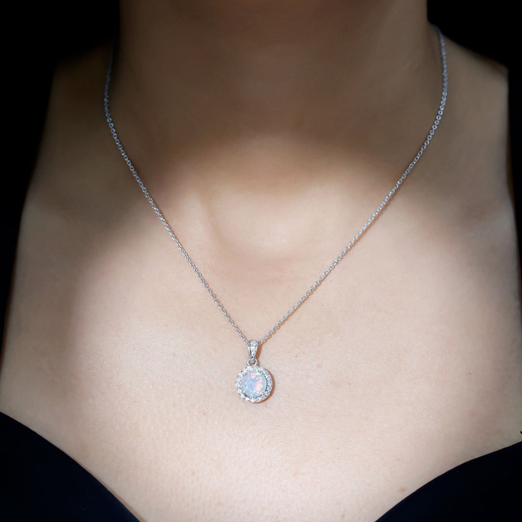 2CT Ethiopian Opal and Moissanite Halo Necklace with Silver Chain