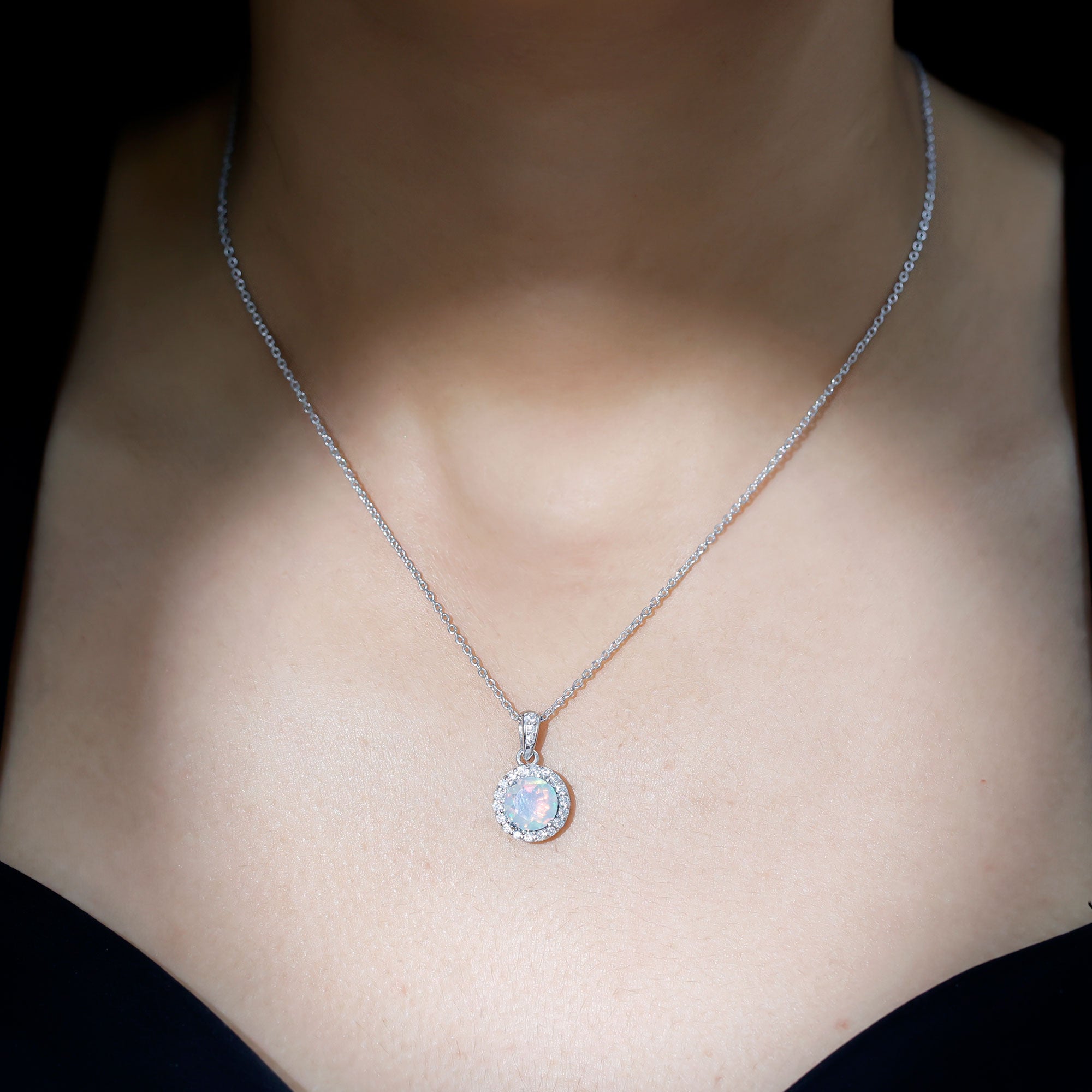 2CT Ethiopian Opal and Moissanite Halo Necklace with Silver Chain