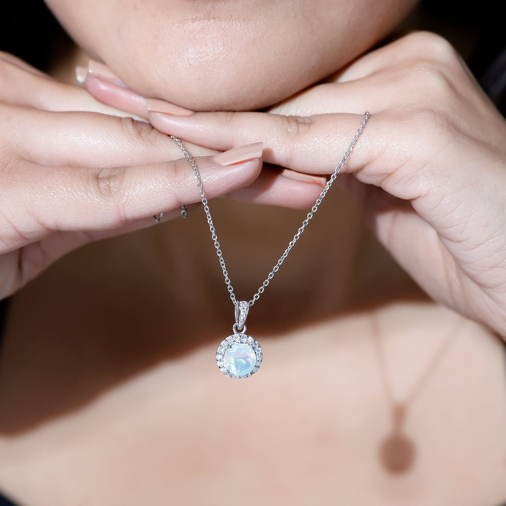 2CT Ethiopian Opal and Moissanite Halo Necklace with Silver Chain