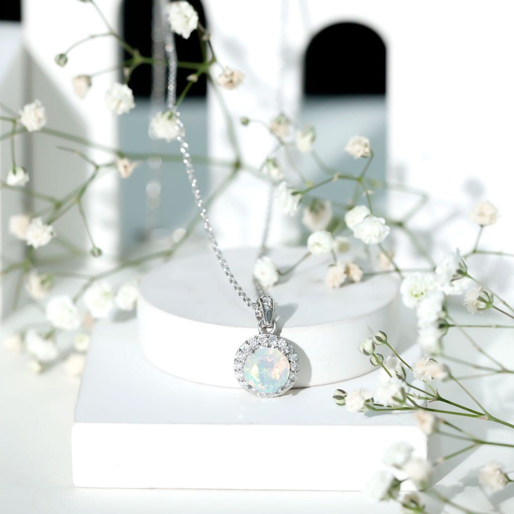 2CT Ethiopian Opal and Moissanite Halo Necklace with Silver Chain