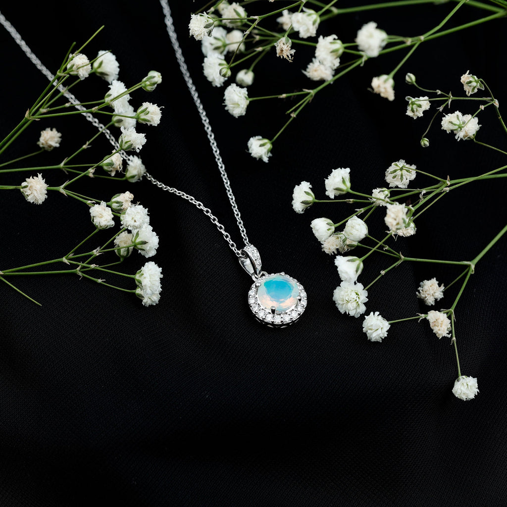 2CT Ethiopian Opal and Moissanite Halo Necklace with Silver Chain