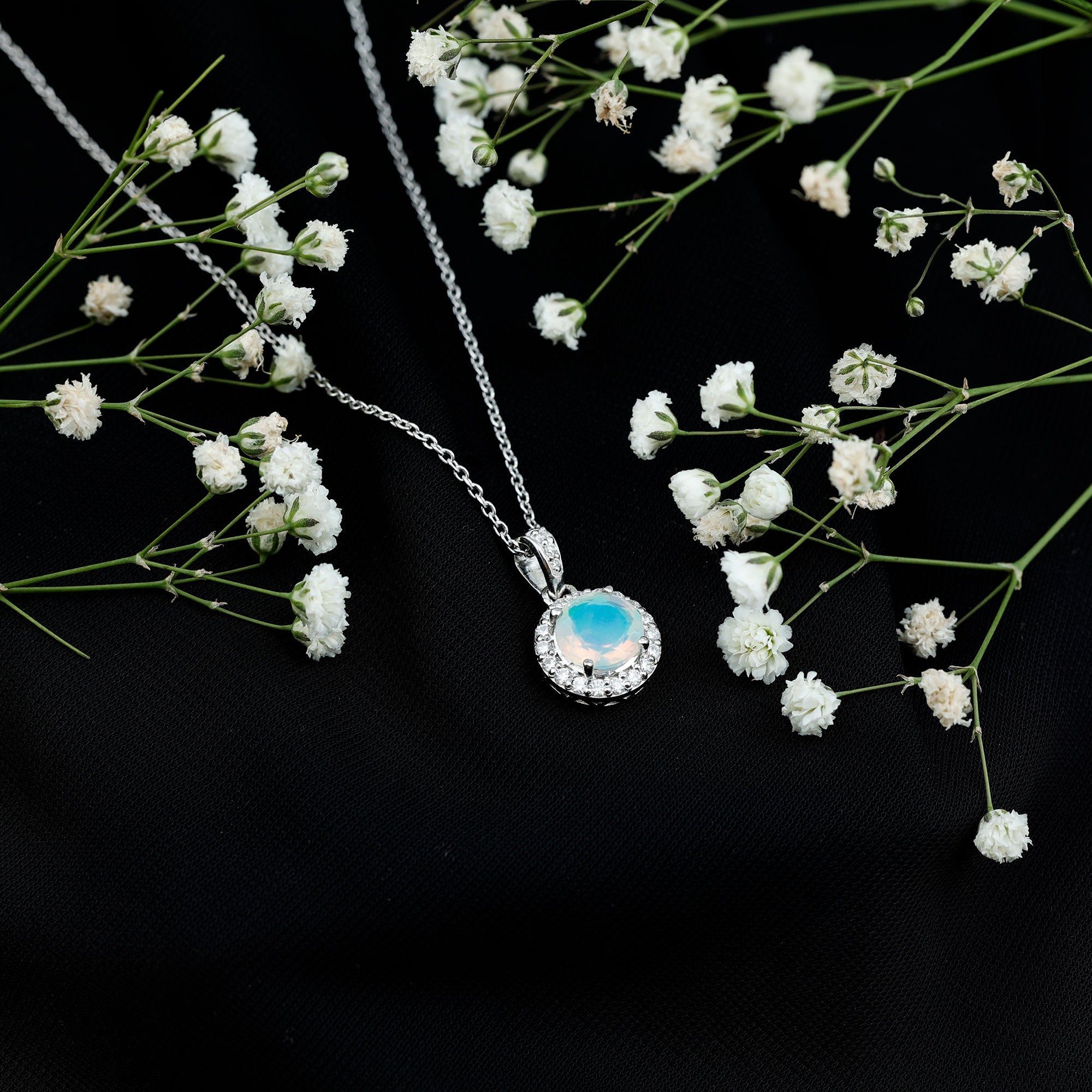 2CT Ethiopian Opal and Moissanite Halo Necklace with Silver Chain