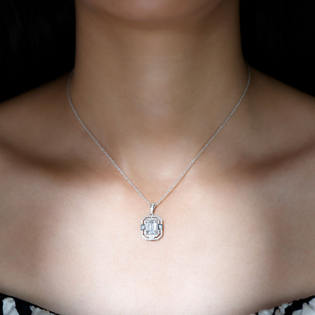 7X9 MM Emerald Cut Moissanite Art Deco Pendant Necklace