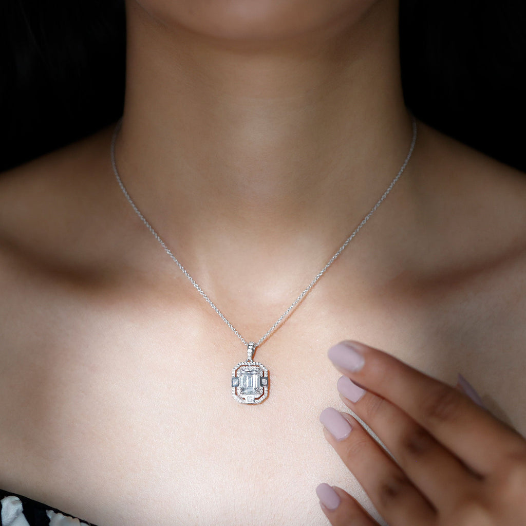 7X9 MM Emerald Cut Moissanite Art Deco Pendant Necklace