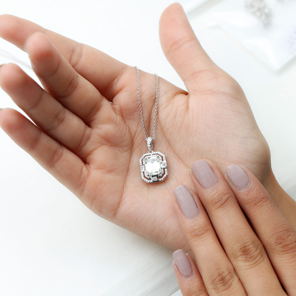 7X9 MM Emerald Cut Moissanite Art Deco Pendant Necklace