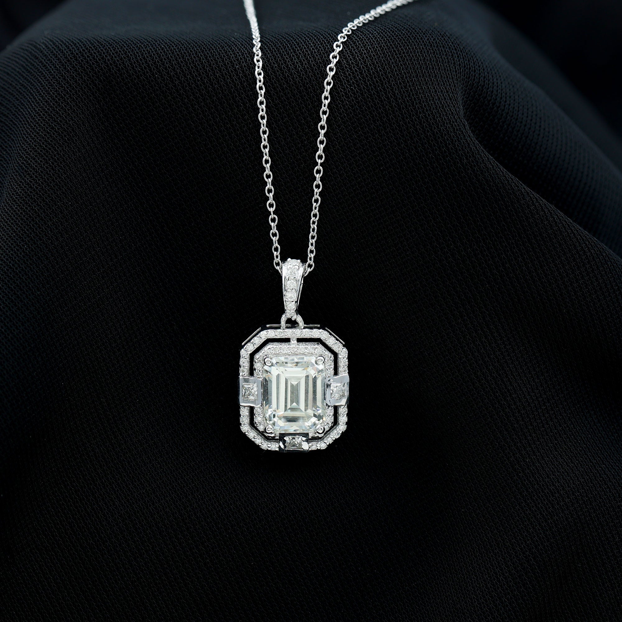 7X9 MM Emerald Cut Moissanite Art Deco Pendant Necklace