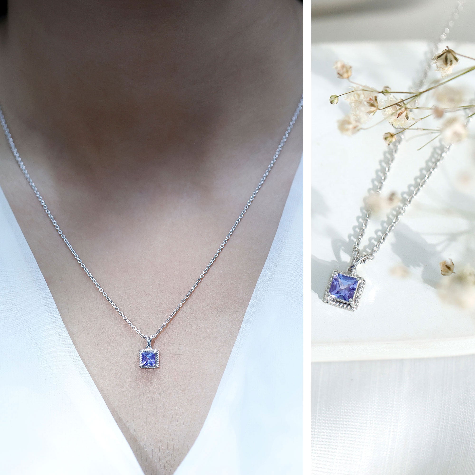 Genuine Tanzanite Solitaire Necklace With Silver Chain