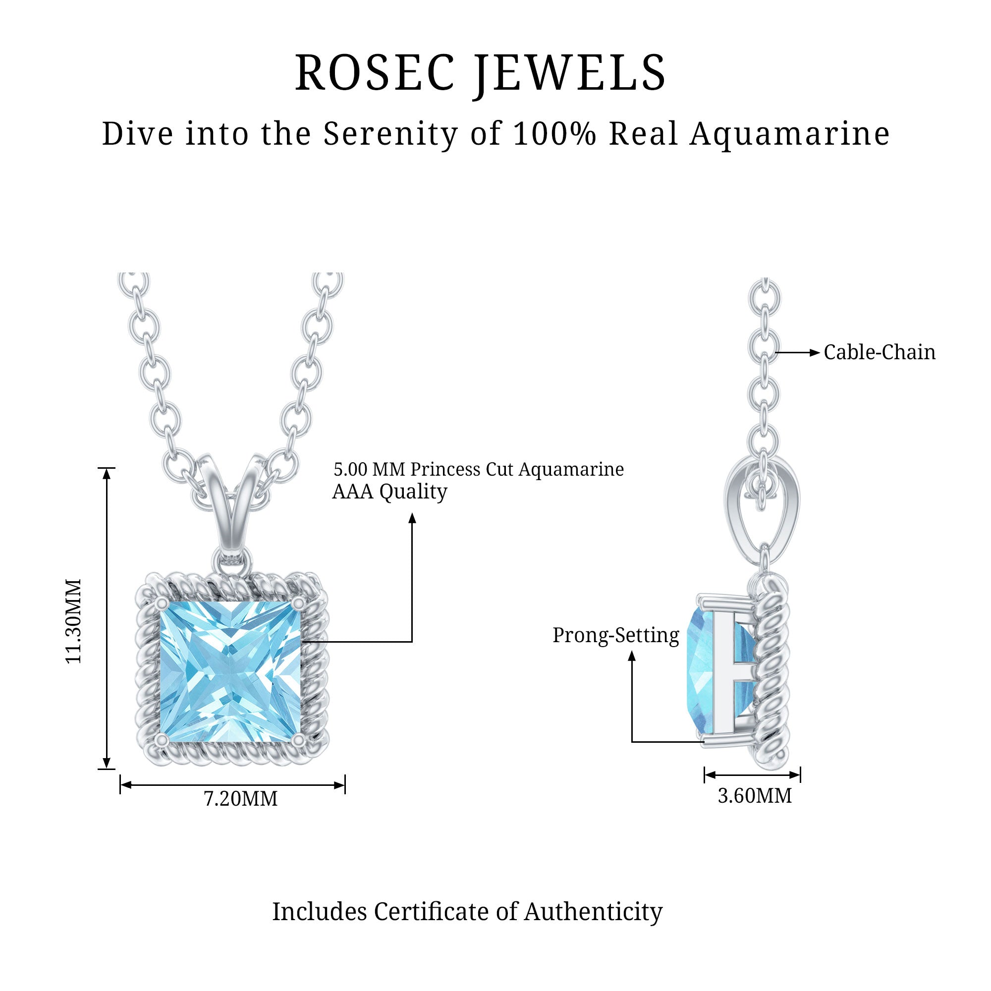 Natural Aquamarine Solitaire Necklace With Silver Chain