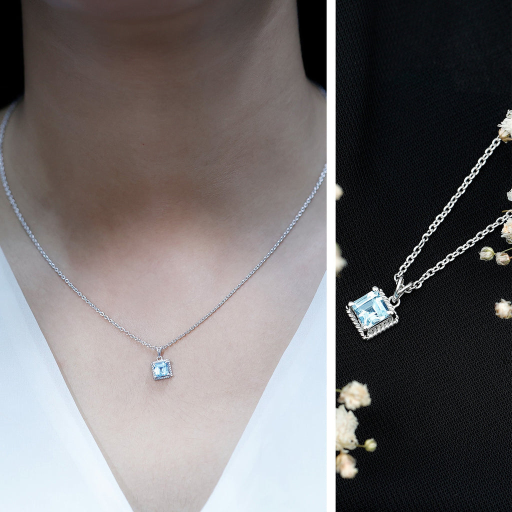 Natural Aquamarine Solitaire Necklace With Silver Chain