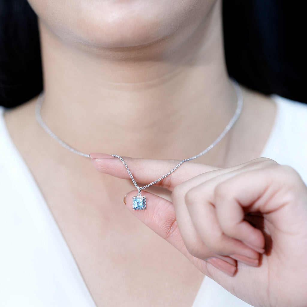 Natural Aquamarine Solitaire Necklace With Silver Chain
