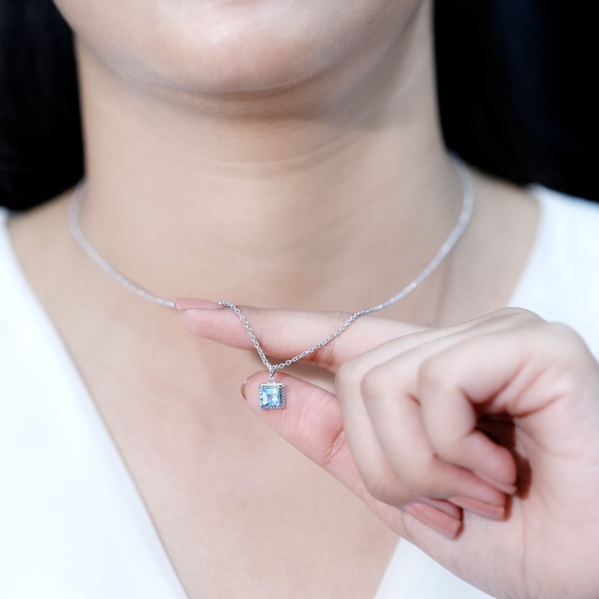 Natural Aquamarine Solitaire Necklace With Silver Chain
