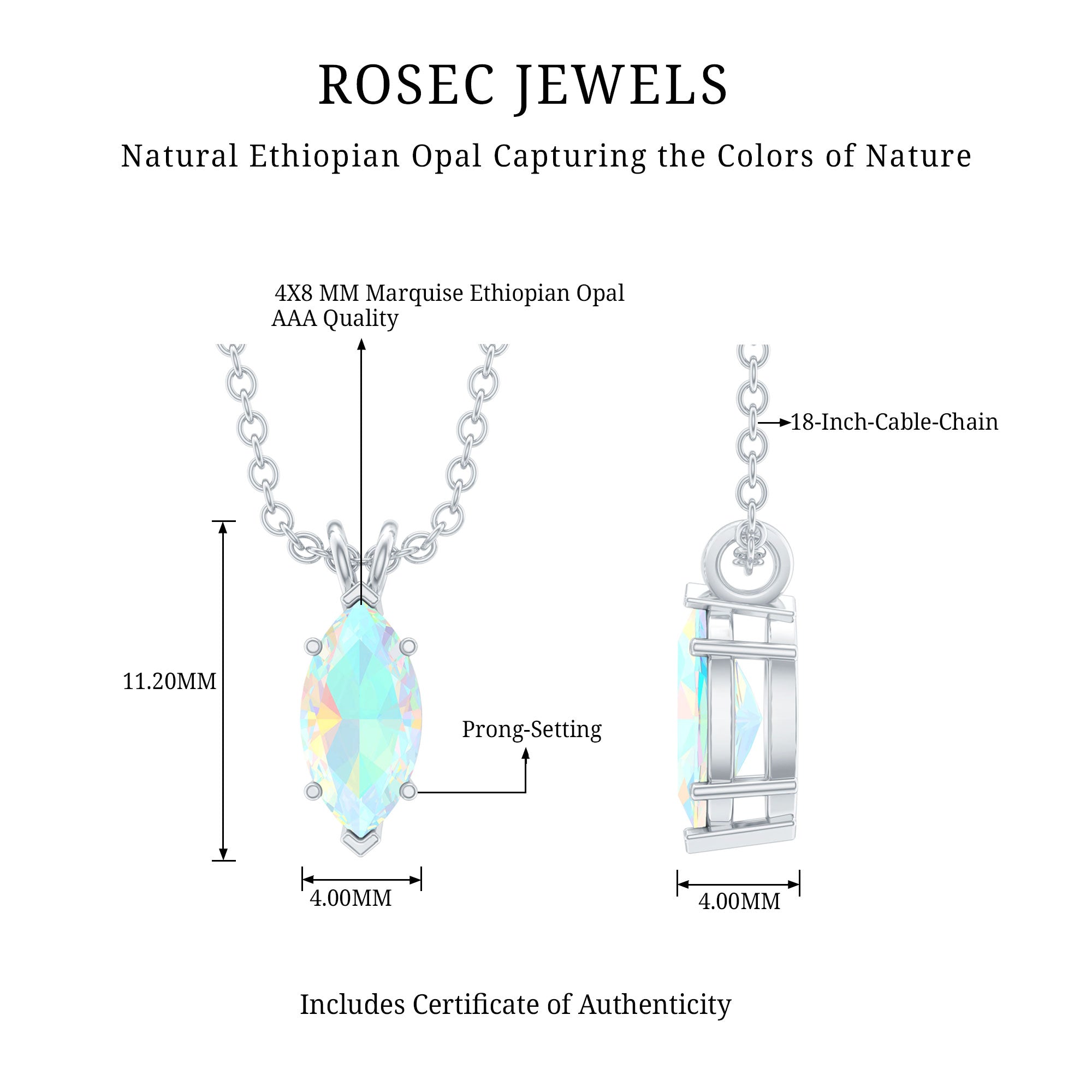 Marquise Cut 4X8 MM Rainbow Opal Solitaire Necklace with Chain