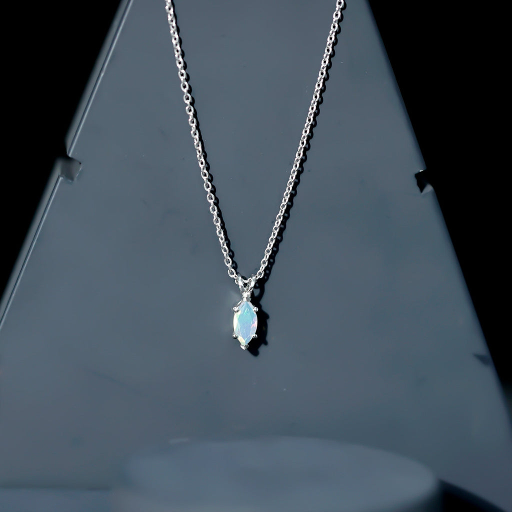 Marquise Cut 4X8 MM Rainbow Opal Solitaire Necklace with Chain