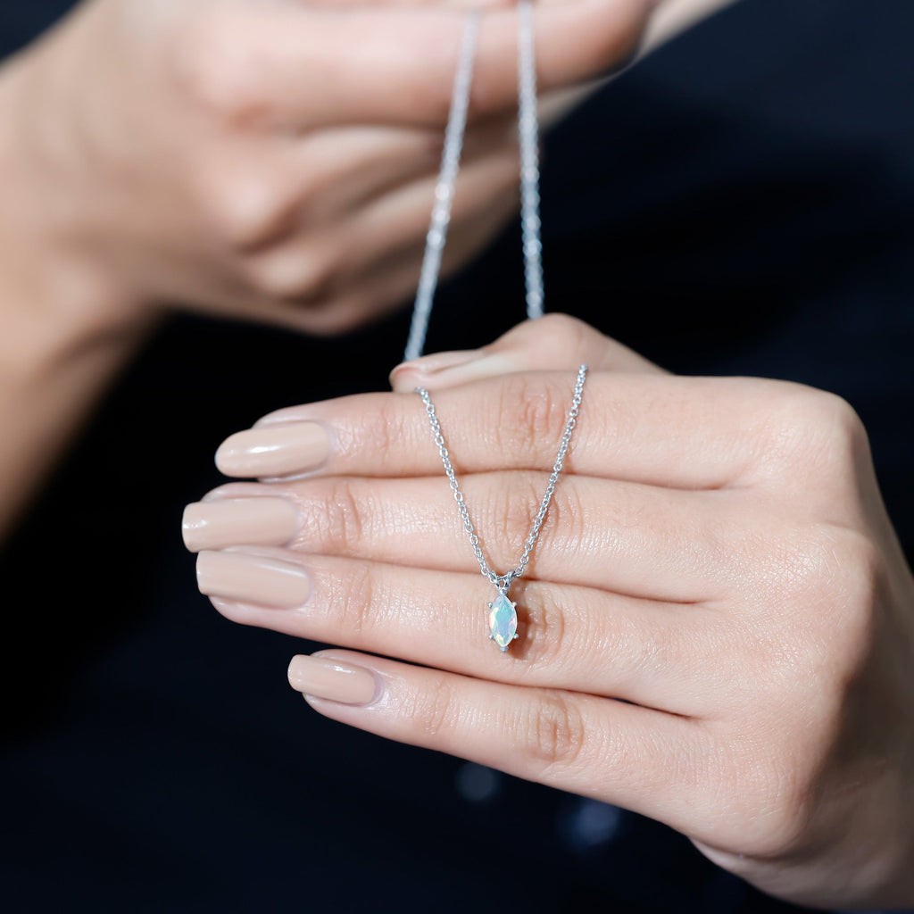 Marquise Cut 4X8 MM Rainbow Opal Solitaire Necklace with Chain