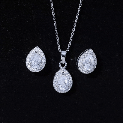 Pear Shaped Moissanite Halo Necklace and Earrings Set