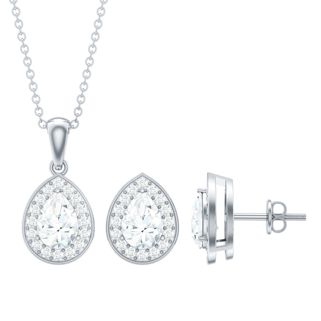 Pear Shaped Moissanite Halo Necklace and Earrings Set