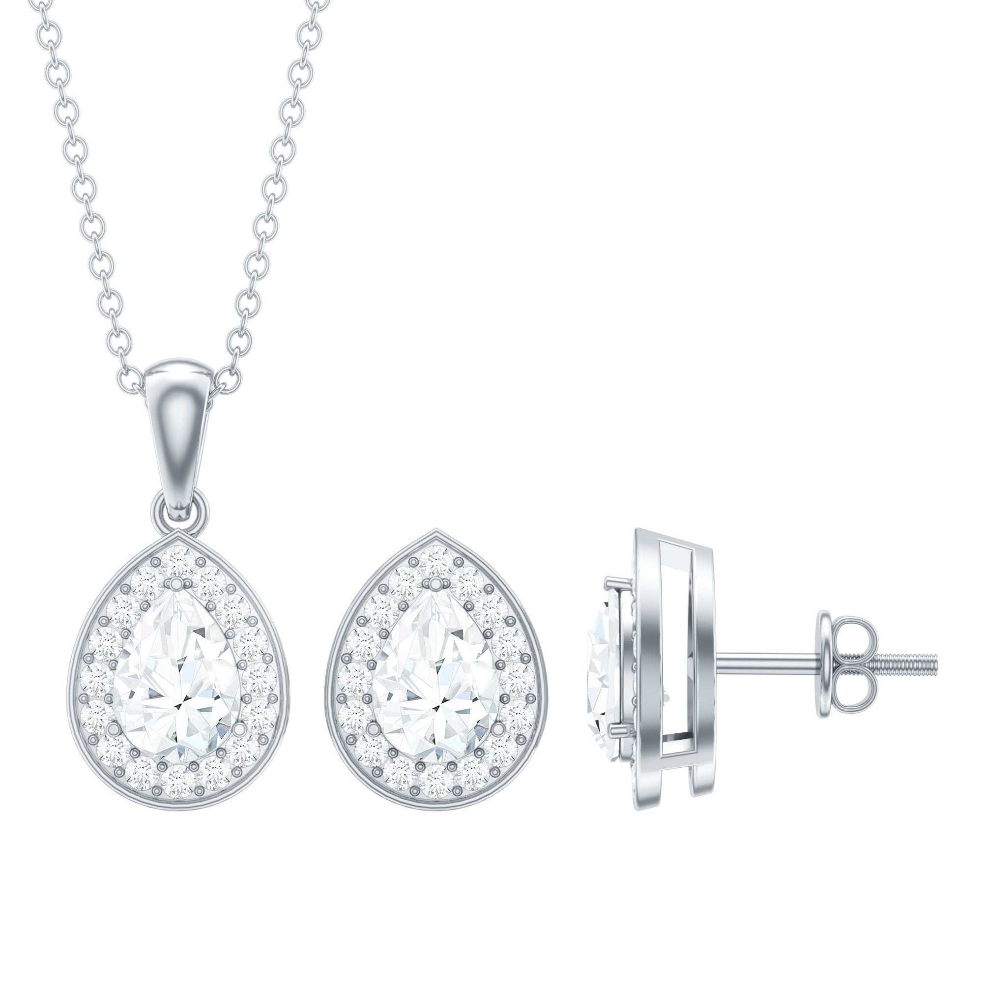 Pear Shaped Moissanite Halo Necklace and Earrings Set