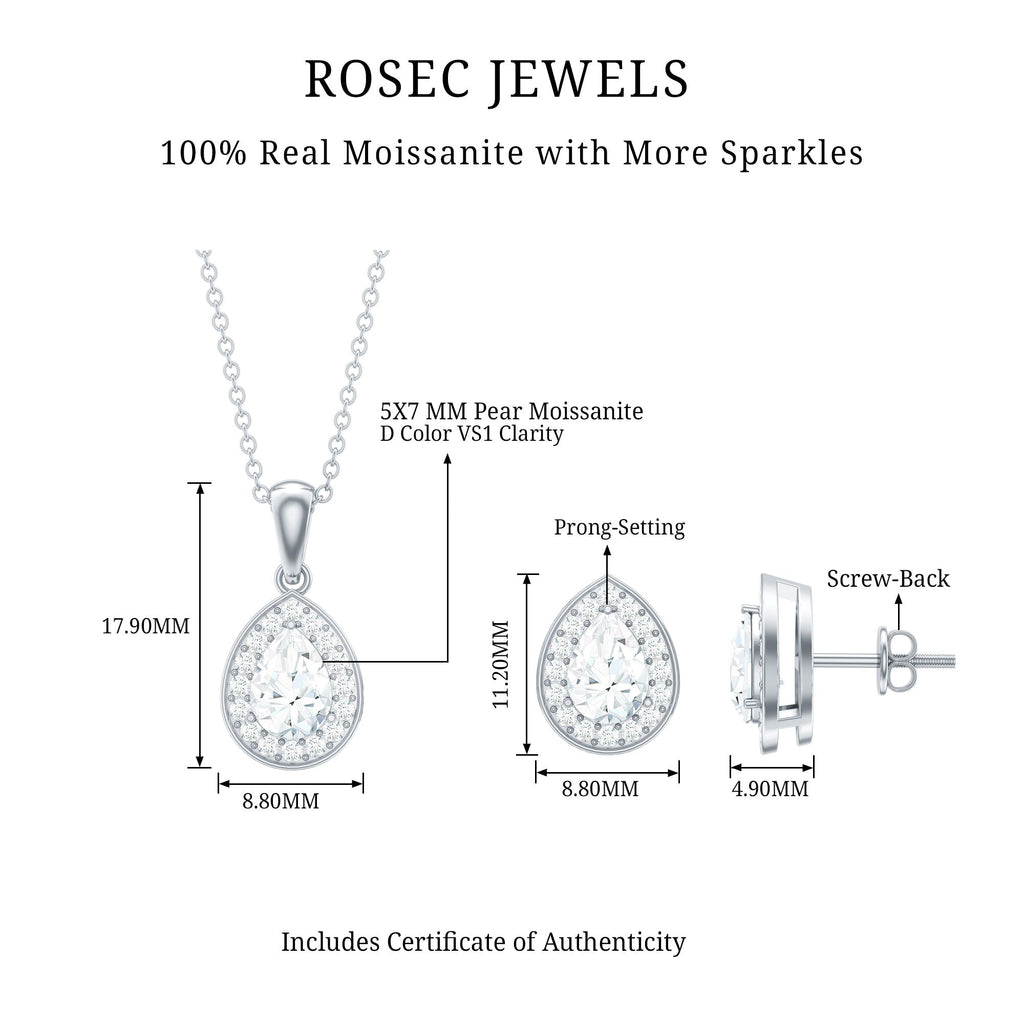 Pear Shaped Moissanite Halo Necklace and Earrings Set