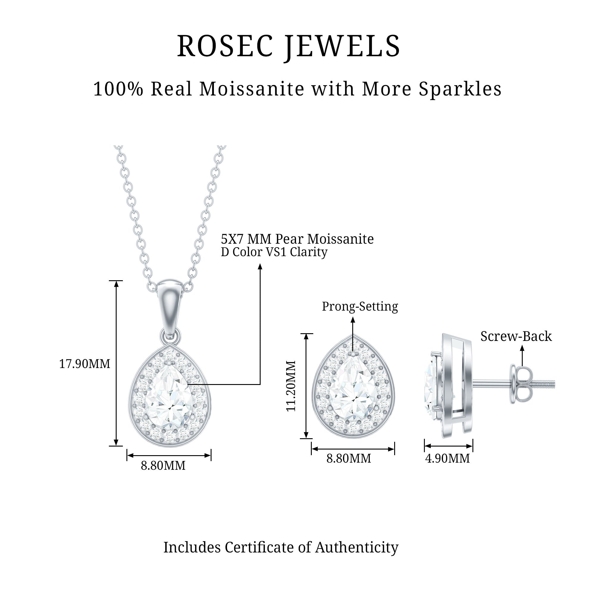 Pear Shaped Moissanite Halo Necklace and Earrings Set