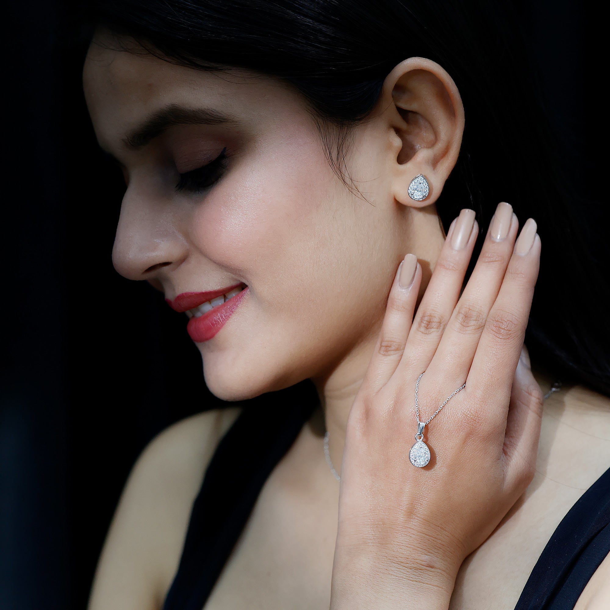 Pear Shaped Moissanite Halo Necklace and Earrings Set