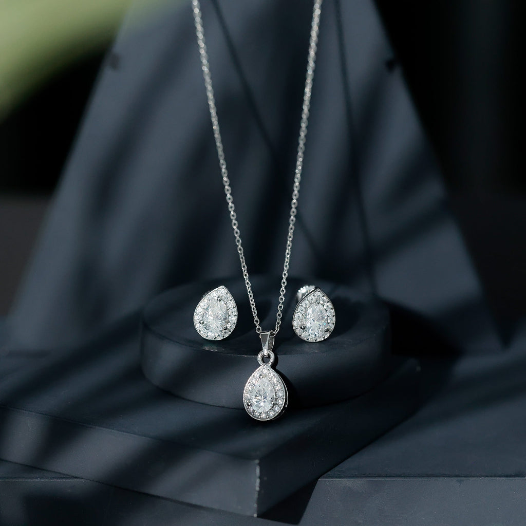 Pear Shaped Moissanite Halo Necklace and Earrings Set