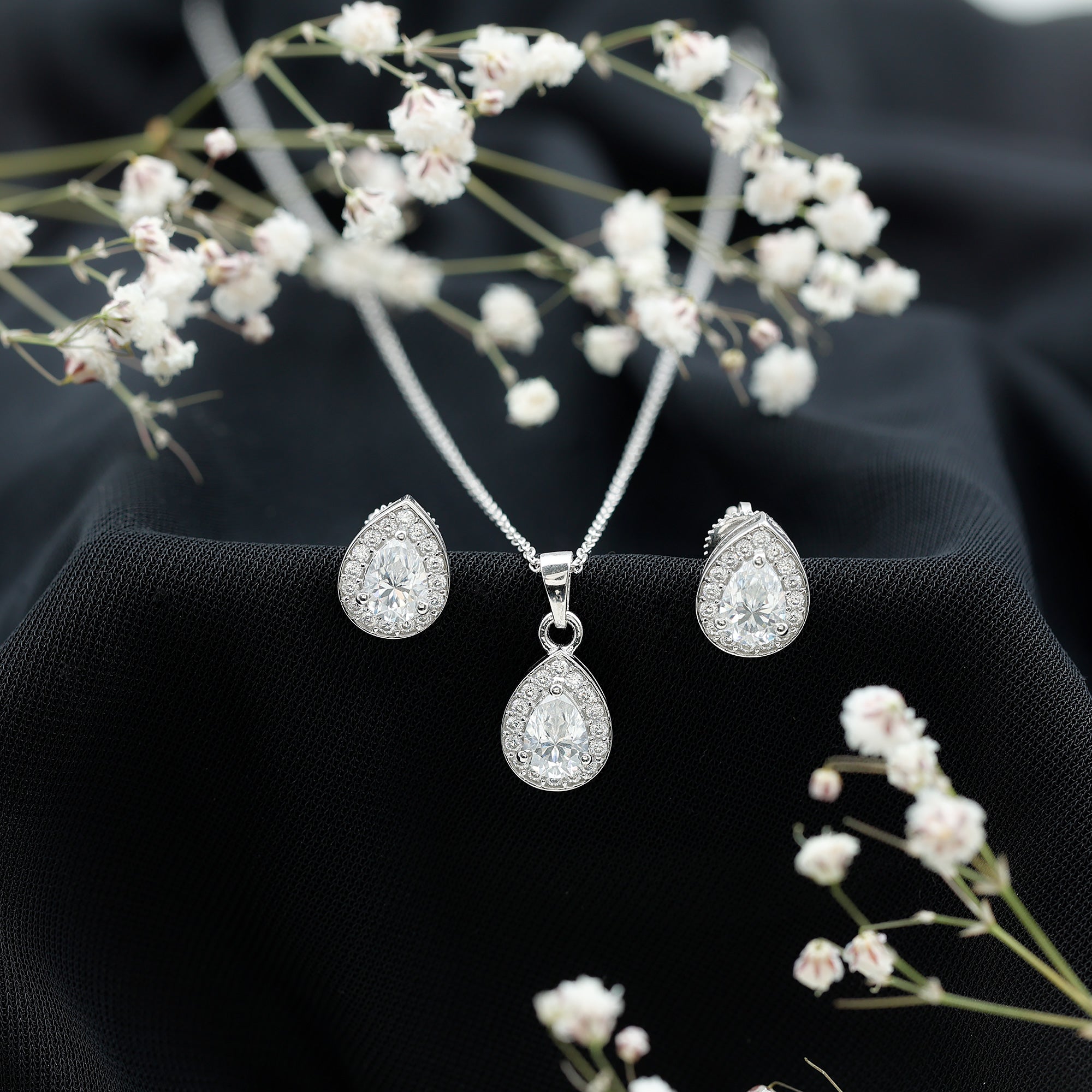 Pear Shaped Moissanite Halo Necklace and Earrings Set