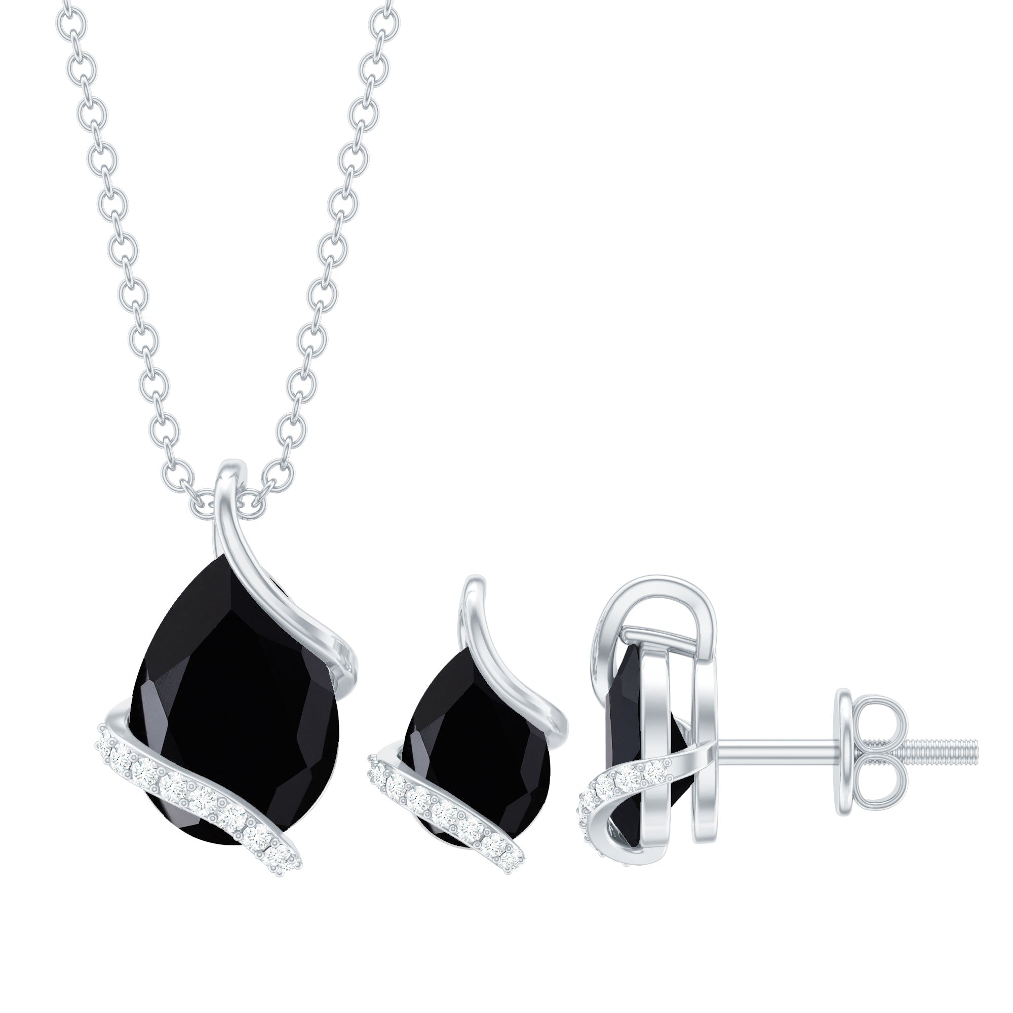 Natural Black Spinel and Moissanite Teardrop Jewelry Set in Silver