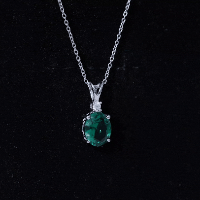 8X10 MM Oval Lab Grown Emerald Solitaire Necklace With Silver Chain