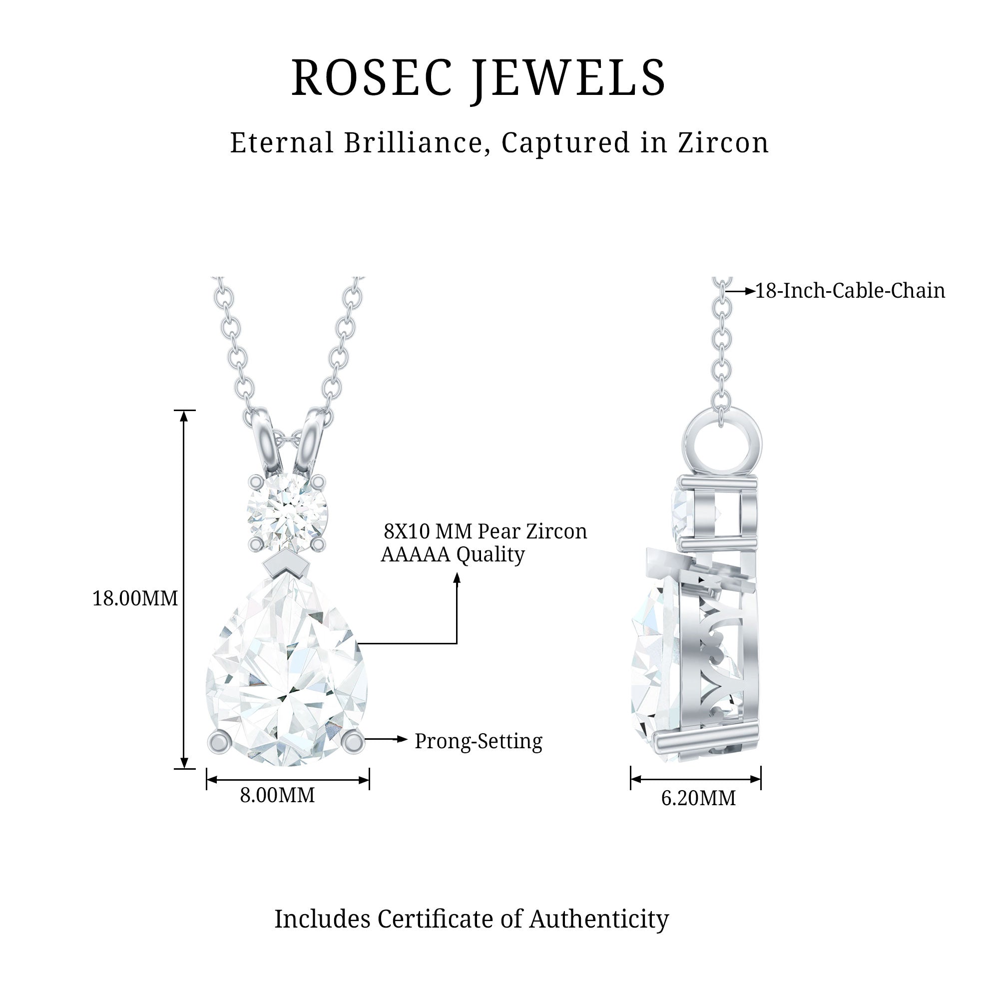 Certified Cubic Zirconia Pear Drop Pendant Necklace with Chain