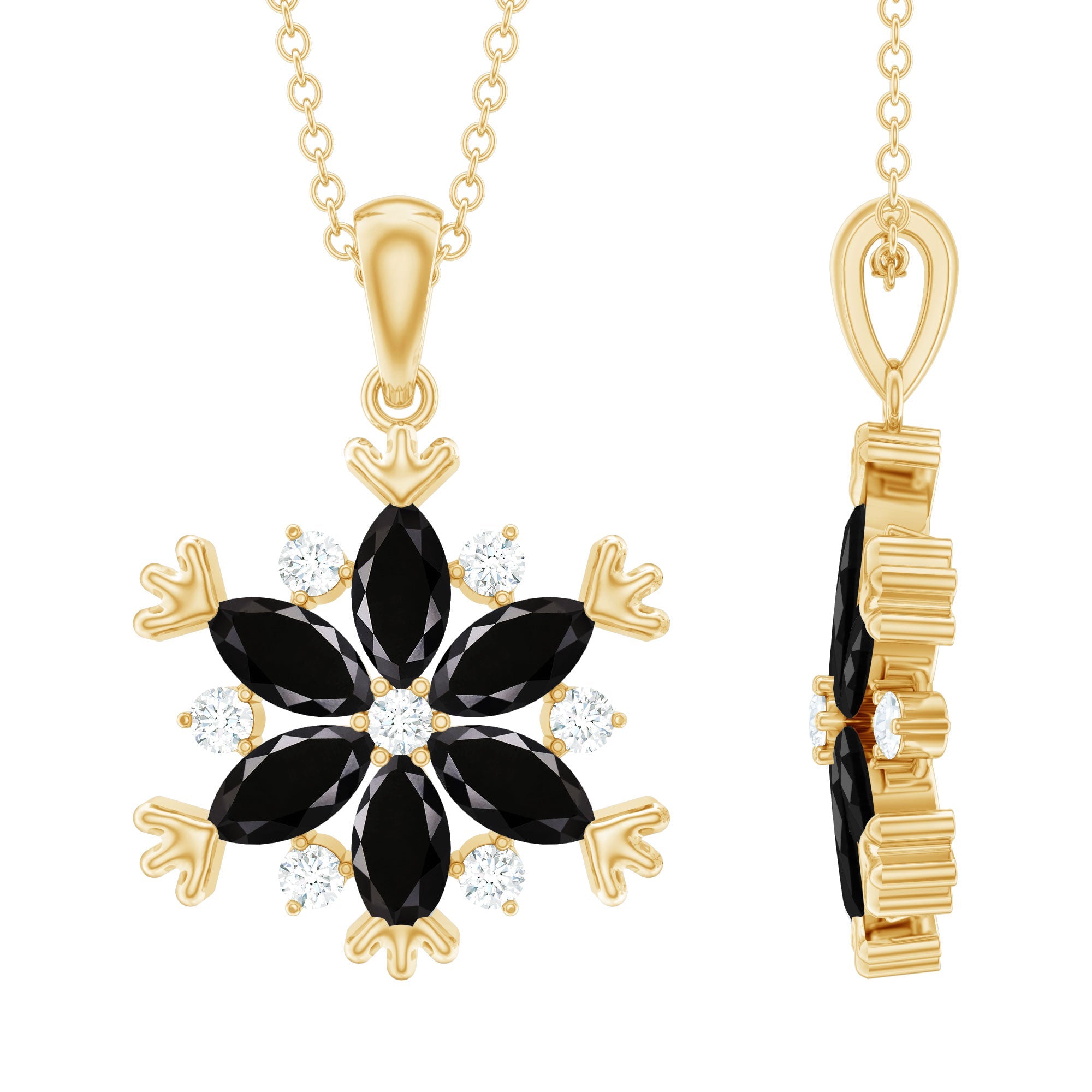 Certified Black Onyx and Diamond Flower Pendant Necklace
