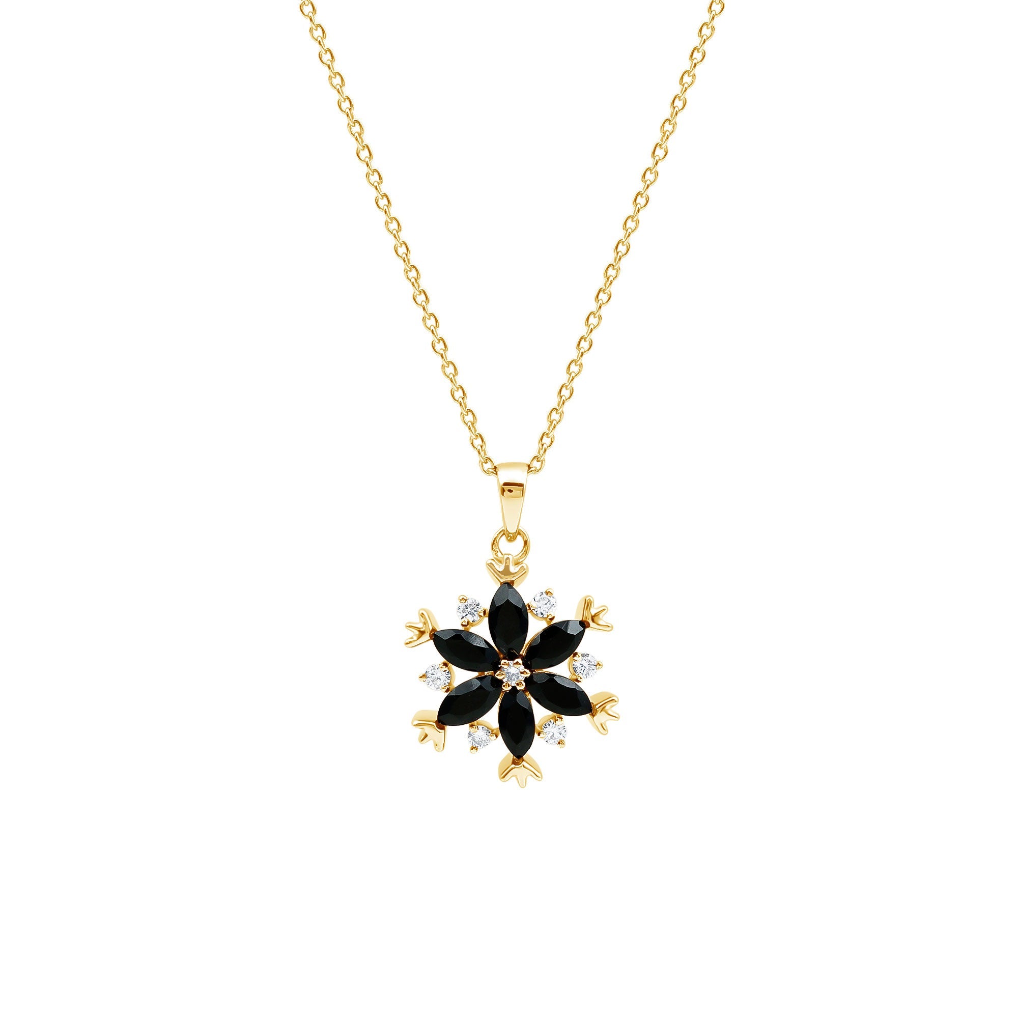 Certified Black Spinel and Diamond Flower Necklace with Silver Chain