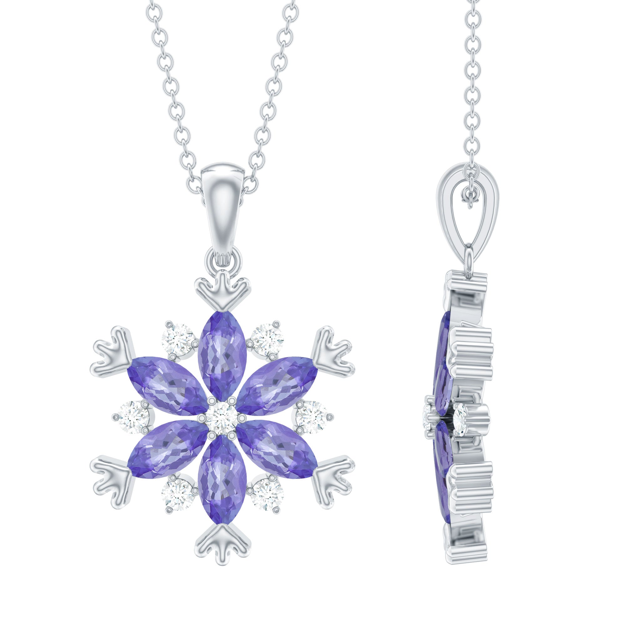 Certified Tanzanite and Diamond Snowflake Necklace with Silver Chain