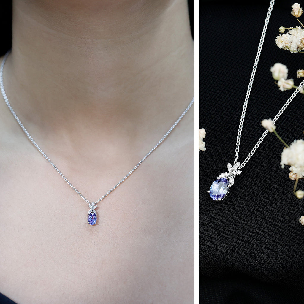 Oval Shaped 5X7 MM Tanzanite Drop Necklace with Diamond