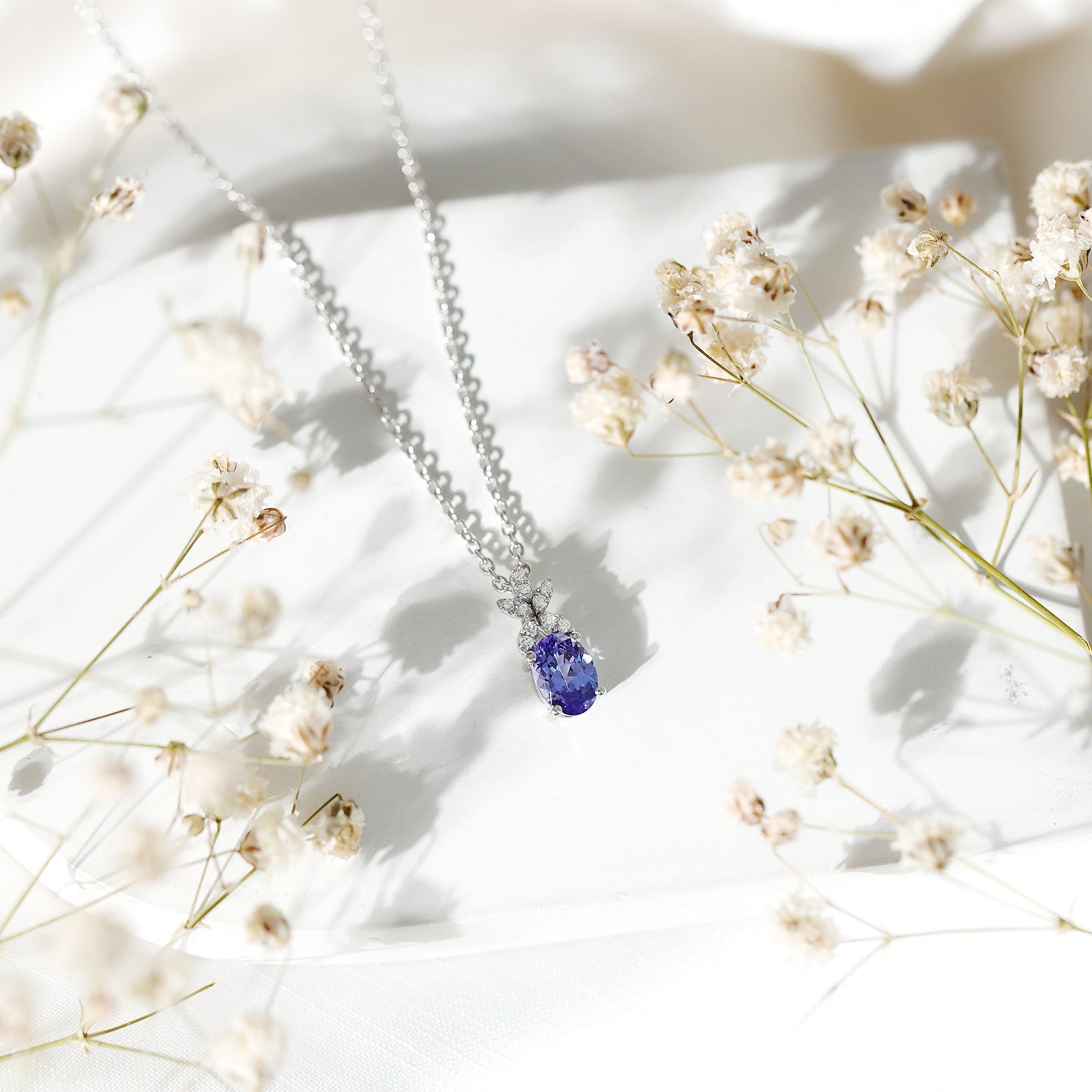 Oval Shaped 5X7 MM Tanzanite Drop Necklace with Diamond