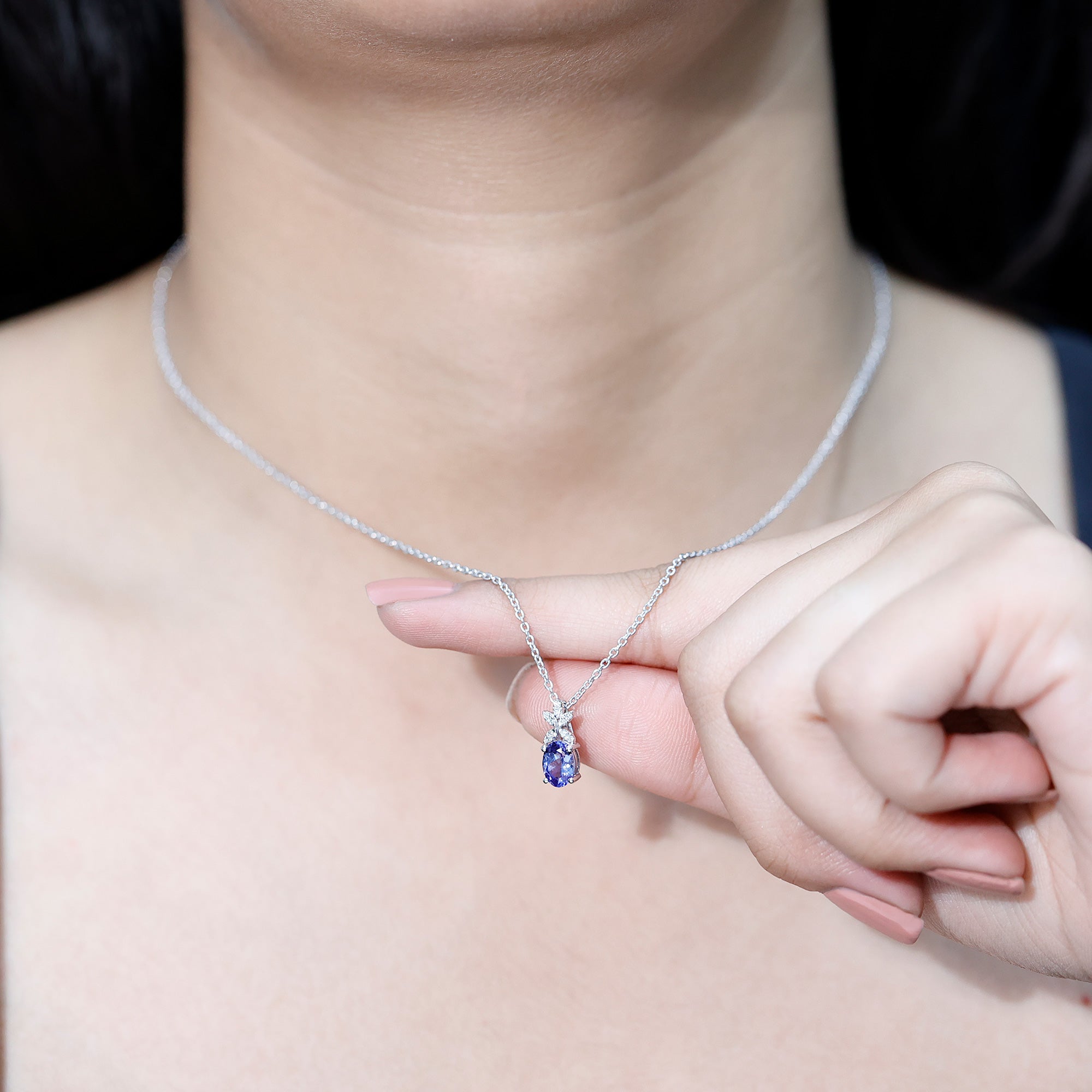 Oval Shaped 5X7 MM Tanzanite Drop Necklace with Diamond