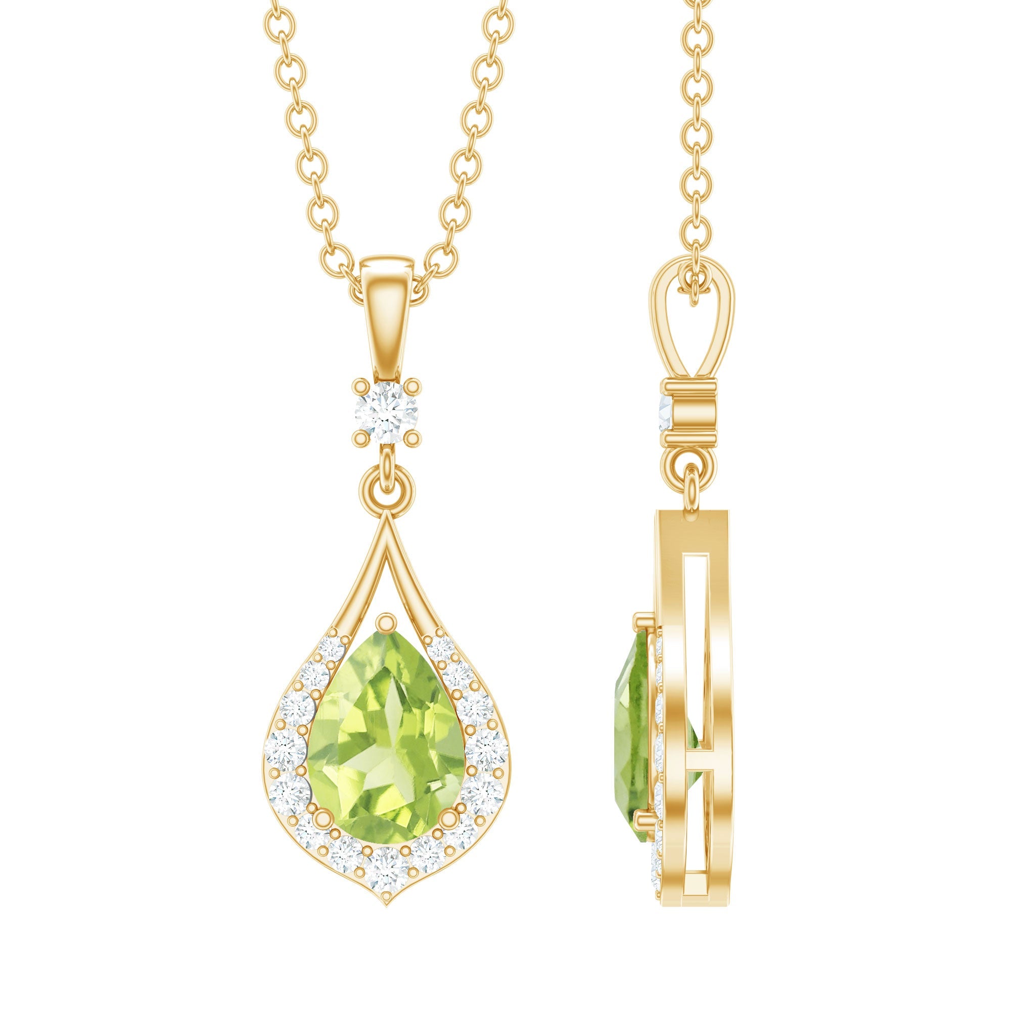 Certified Peridot and Diamond Teardrop Necklace in Gold Plated Silver