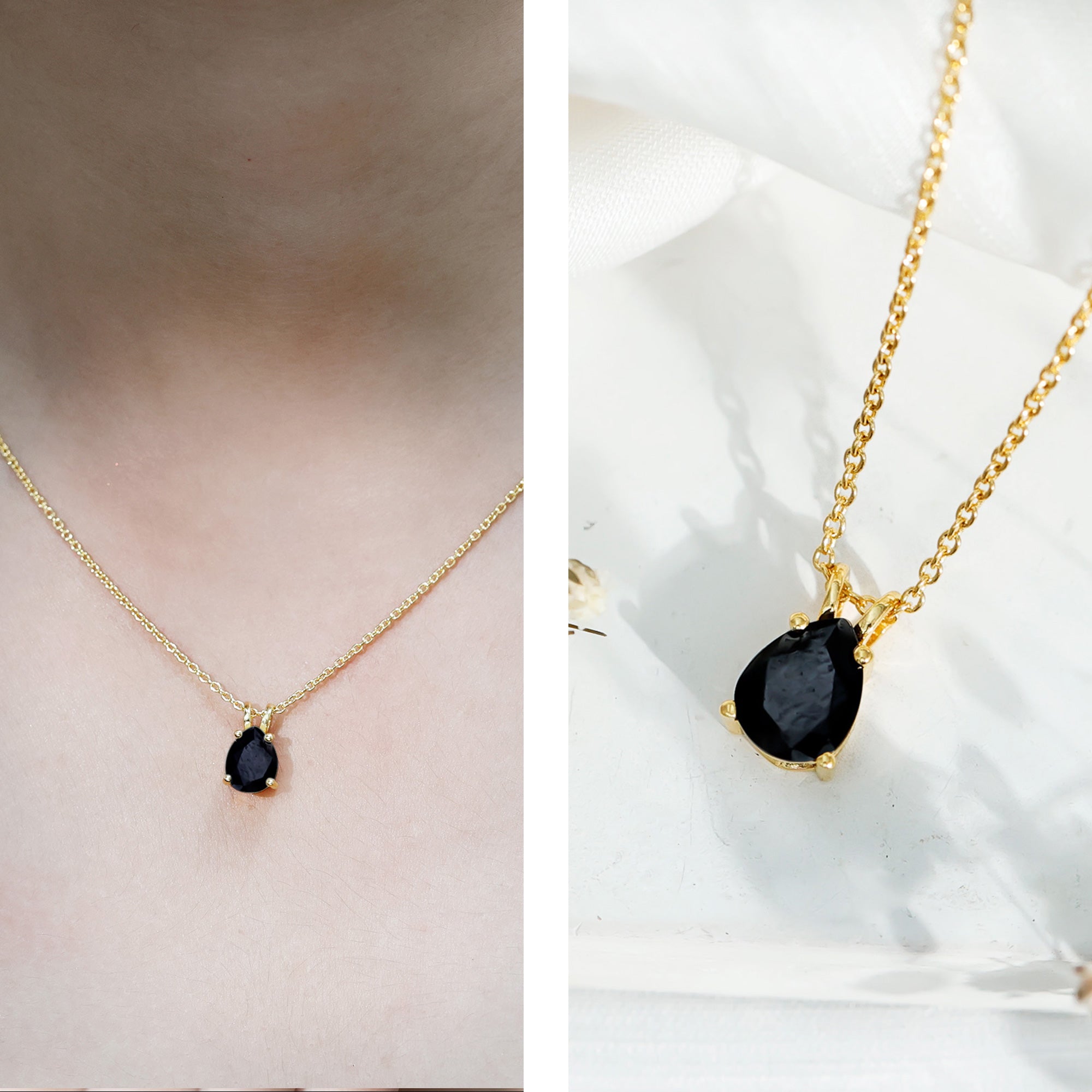 Pear Shaped Black Onyx Solitaire Necklace with Silver Chain
