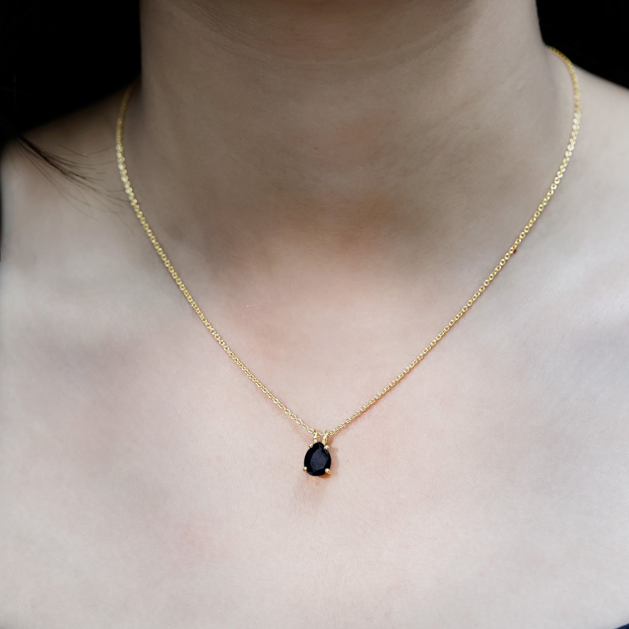 Pear Shaped Black Onyx Solitaire Necklace with Silver Chain