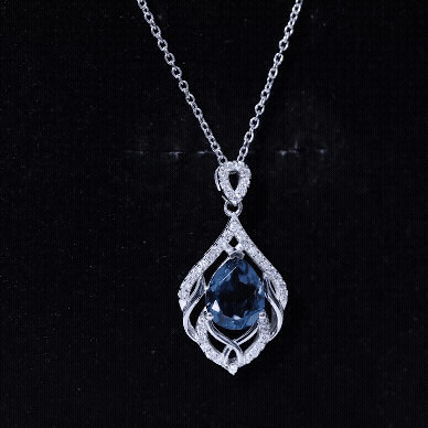 Real London Blue Topaz and Diamond Teardrop Necklace with Silver Chain