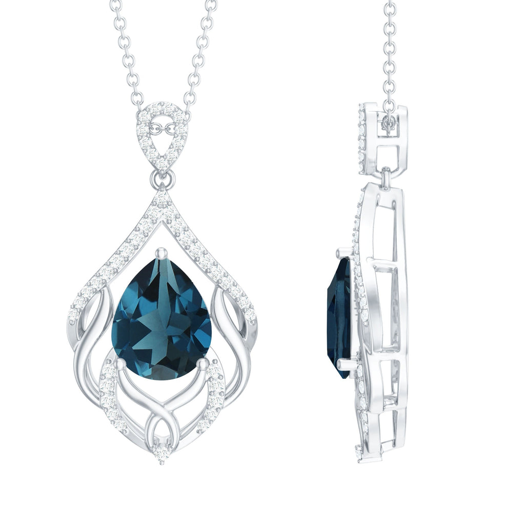 Real London Blue Topaz and Diamond Teardrop Necklace with Silver Chain