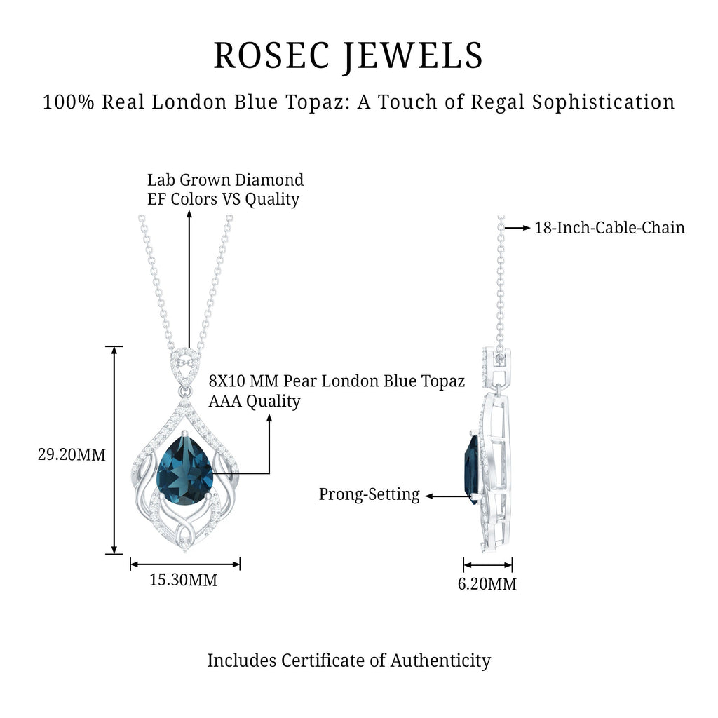 Real London Blue Topaz and Diamond Teardrop Necklace with Silver Chain