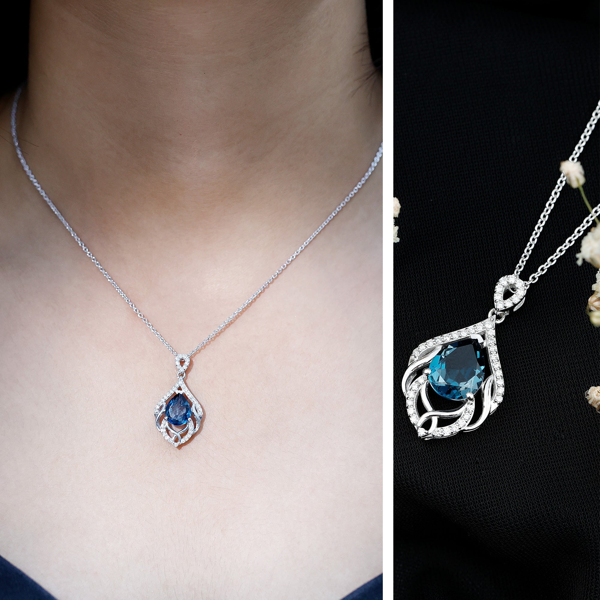 Real London Blue Topaz and Diamond Teardrop Necklace with Silver Chain