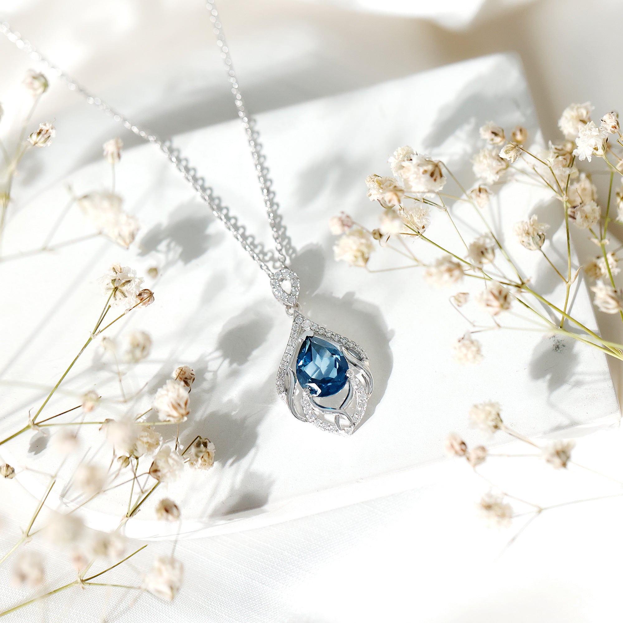 Real London Blue Topaz and Diamond Teardrop Necklace with Silver Chain