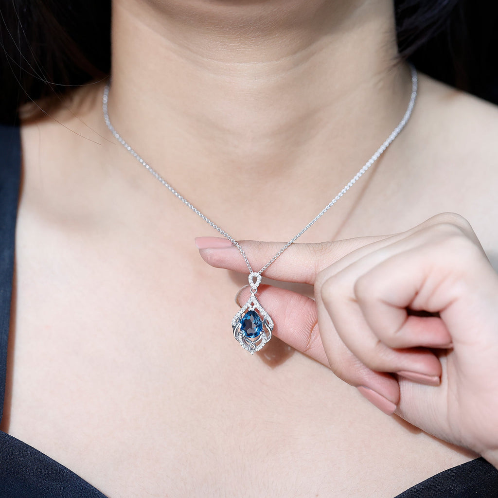 Real London Blue Topaz and Diamond Teardrop Necklace with Silver Chain