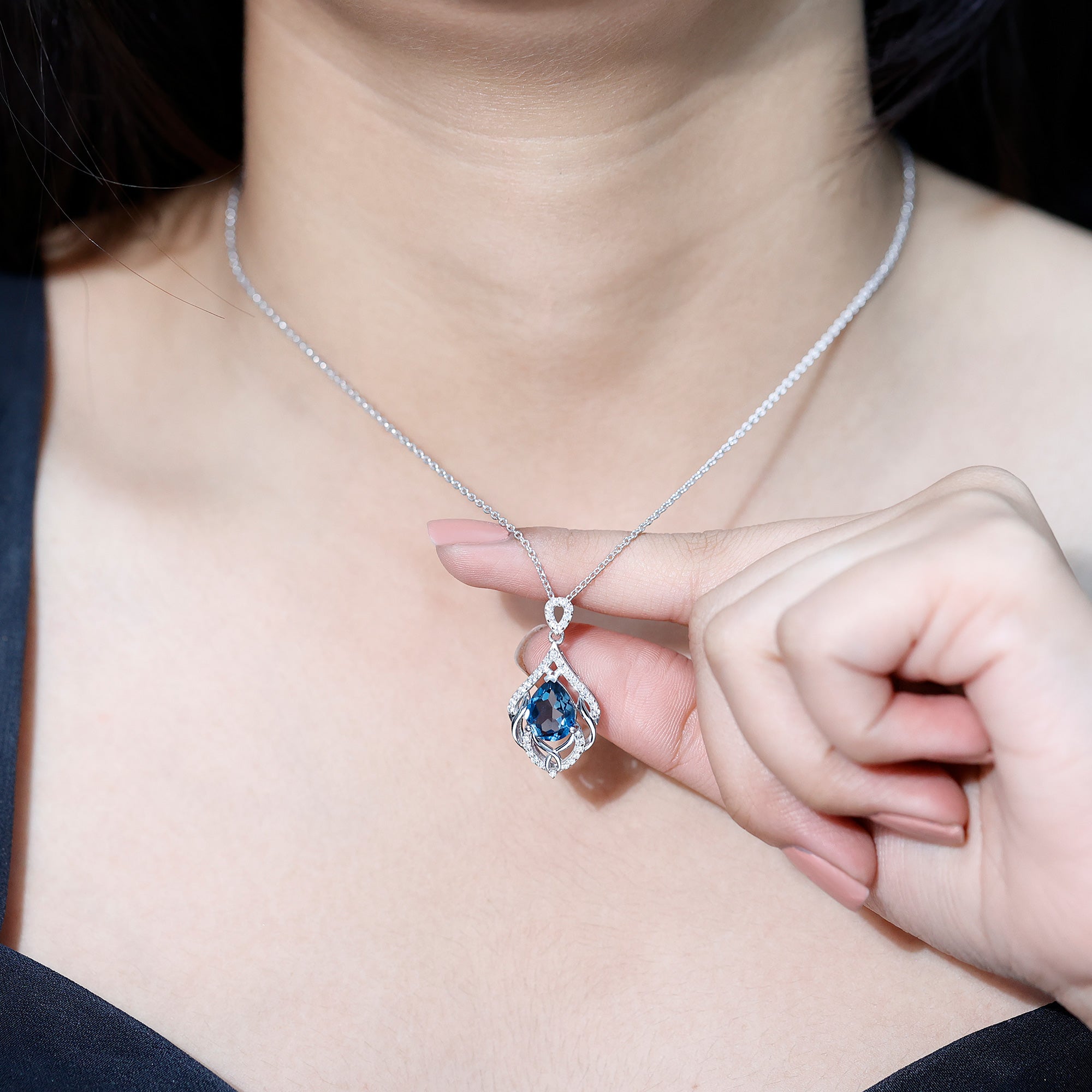 Real London Blue Topaz and Diamond Teardrop Necklace with Silver Chain