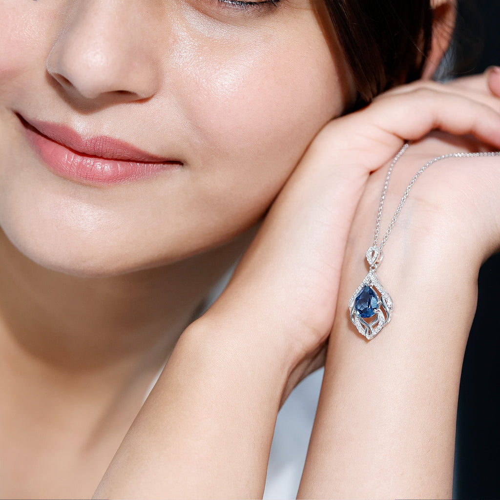 Real London Blue Topaz and Diamond Teardrop Necklace with Silver Chain